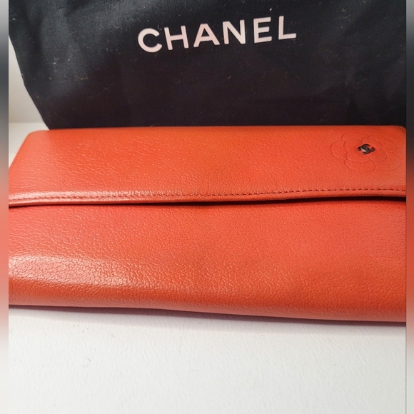 Chanel Lambskin Camelia Flower Long Orange Wallet - Picture 1 of 4